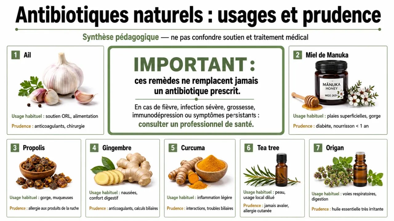 Antibiotique naturel : synthèse visuelle des remèdes courants et des précautions d’emploi
