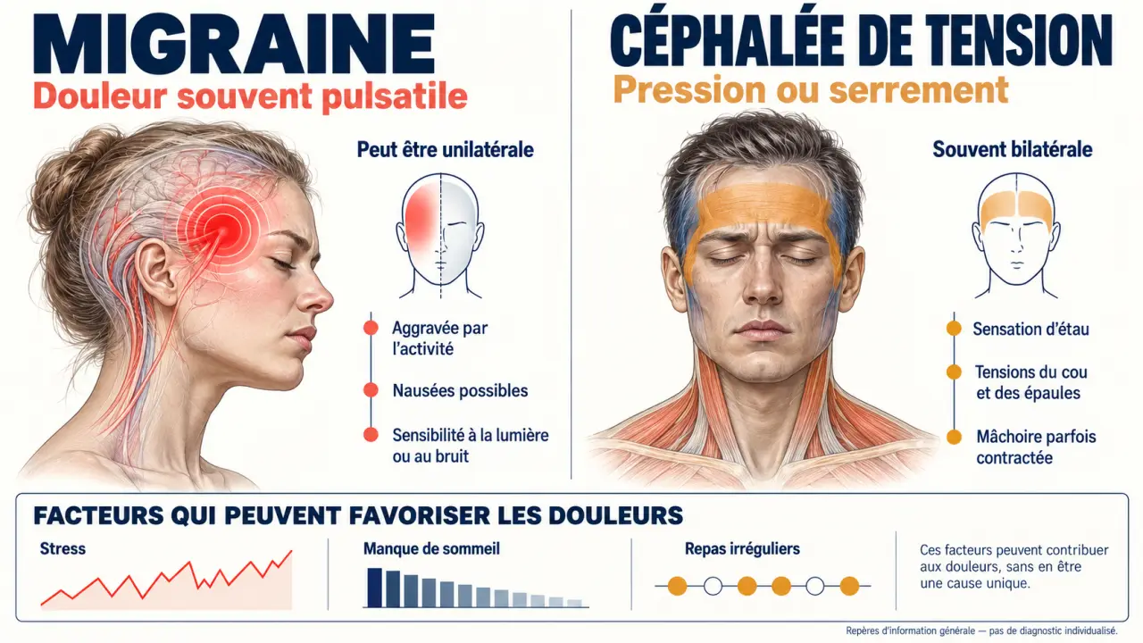 Infographie sur le stress et la migraine comparant migraine et céphalée de tension