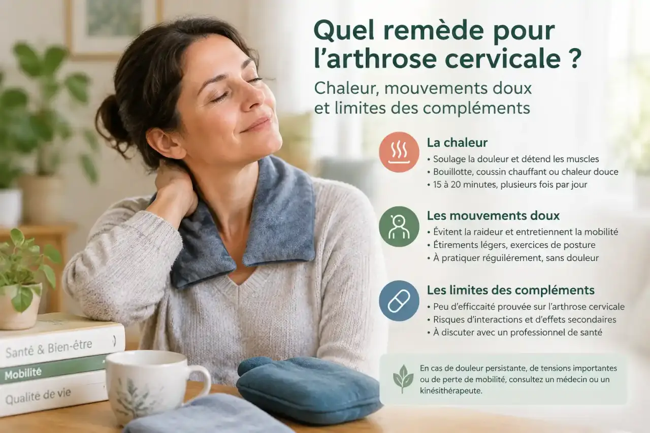 Quel remède pour l’arthrose cervicale ? Chaleur, mouvements doux et limites des compléments
