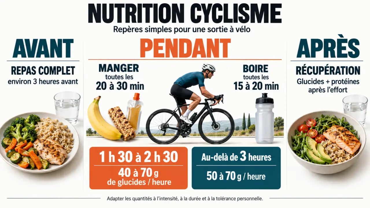 Infographie nutrition cyclisme avant pendant après avec glucides et hydratation