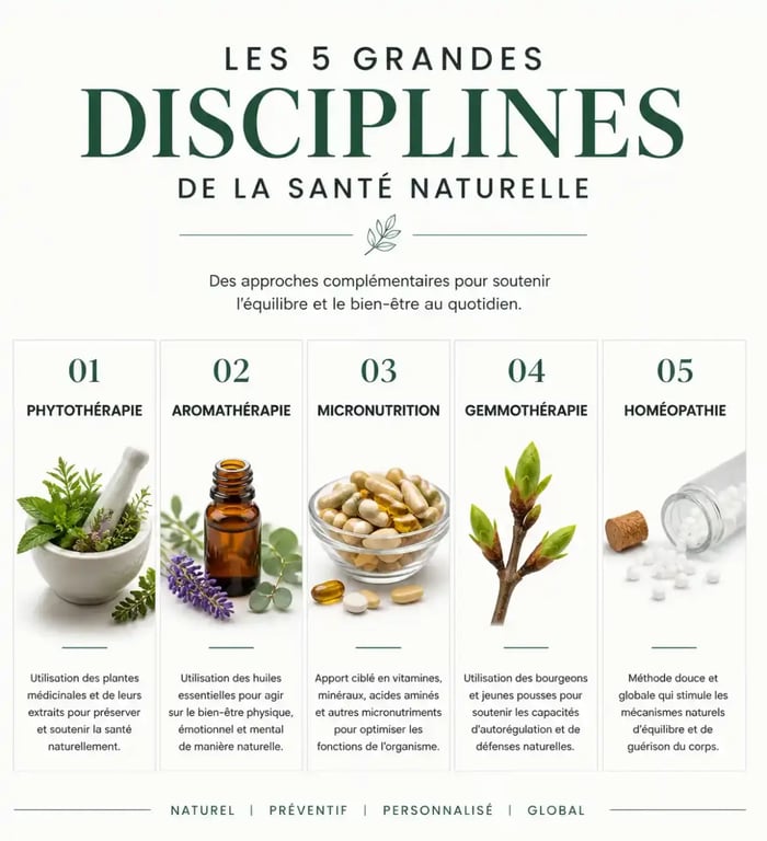 Infographie des disciplines de la santé naturelle : phytothérapie, aromathérapie et micronutrition
