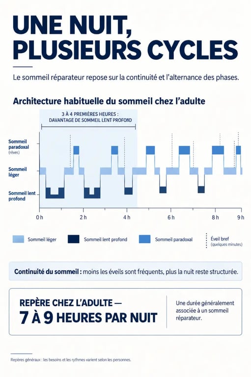 Infographie sur le sommeil réparateur, les cycles du sommeil et les 7 à 9 heures recommandées chez l’adulte