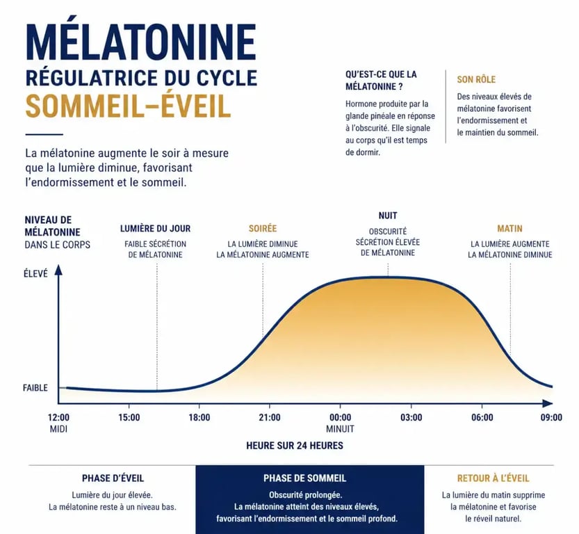 Schéma du rôle de la mélatonine dans les gummies sommeil et le cycle veille-sommeil
