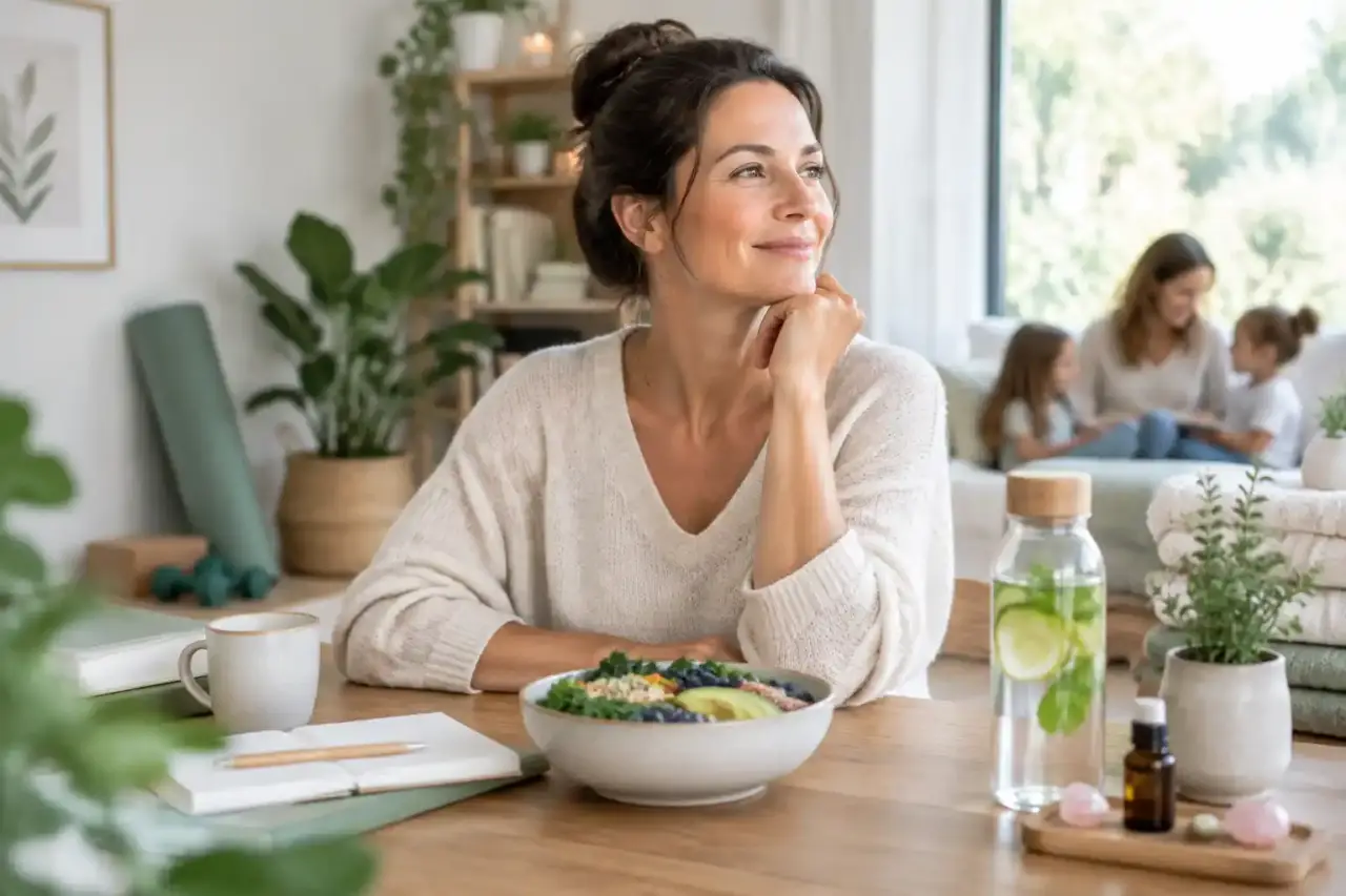 Consultation de naturopathie bienveillante dans un cabinet lumineux et boisé