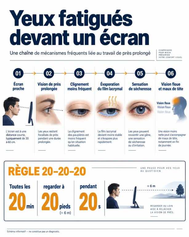 Schéma explicatif sur les yeux fatiguer devant un écran, la sécheresse oculaire et la règle 20-20-20