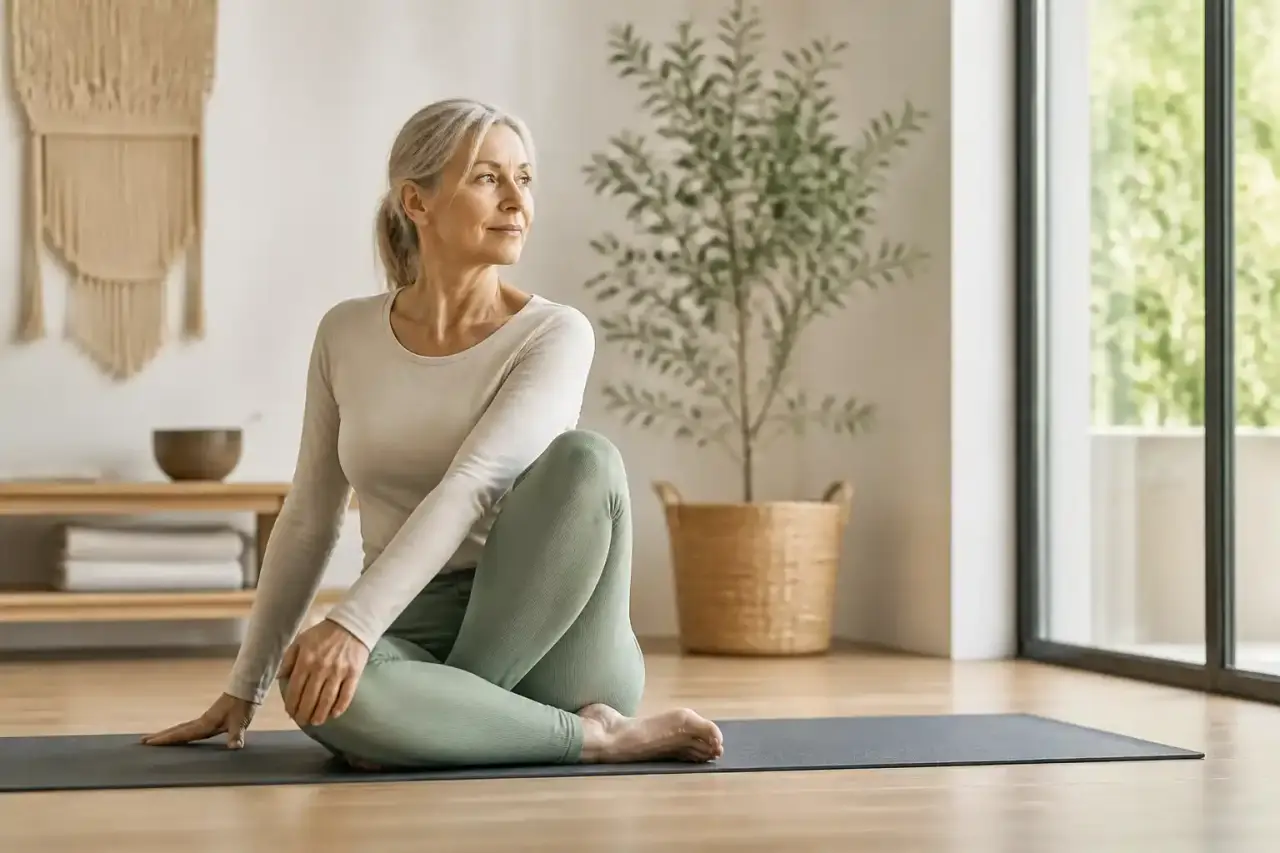 Femme pratiquant une posture de yoga douce dans un espace lumineux et naturel