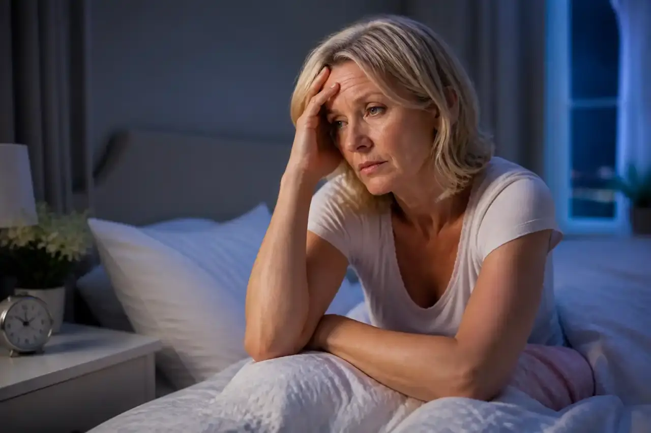 Femme au réveil dans une chambre apaisante, symbolisant les troubles du sommeil à la ménopause