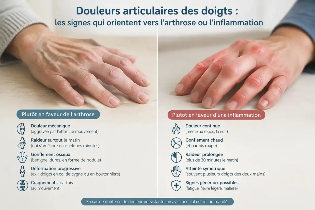 Douleurs articulaires des doigts : les signes qui orientent vers l’arthrose ou l’inflammation