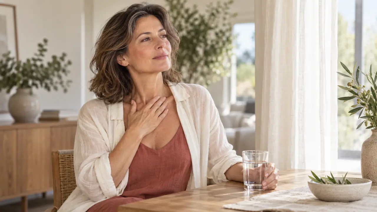 Femme sereine prenant soin d'elle dans un intérieur lumineux pendant la ménopause