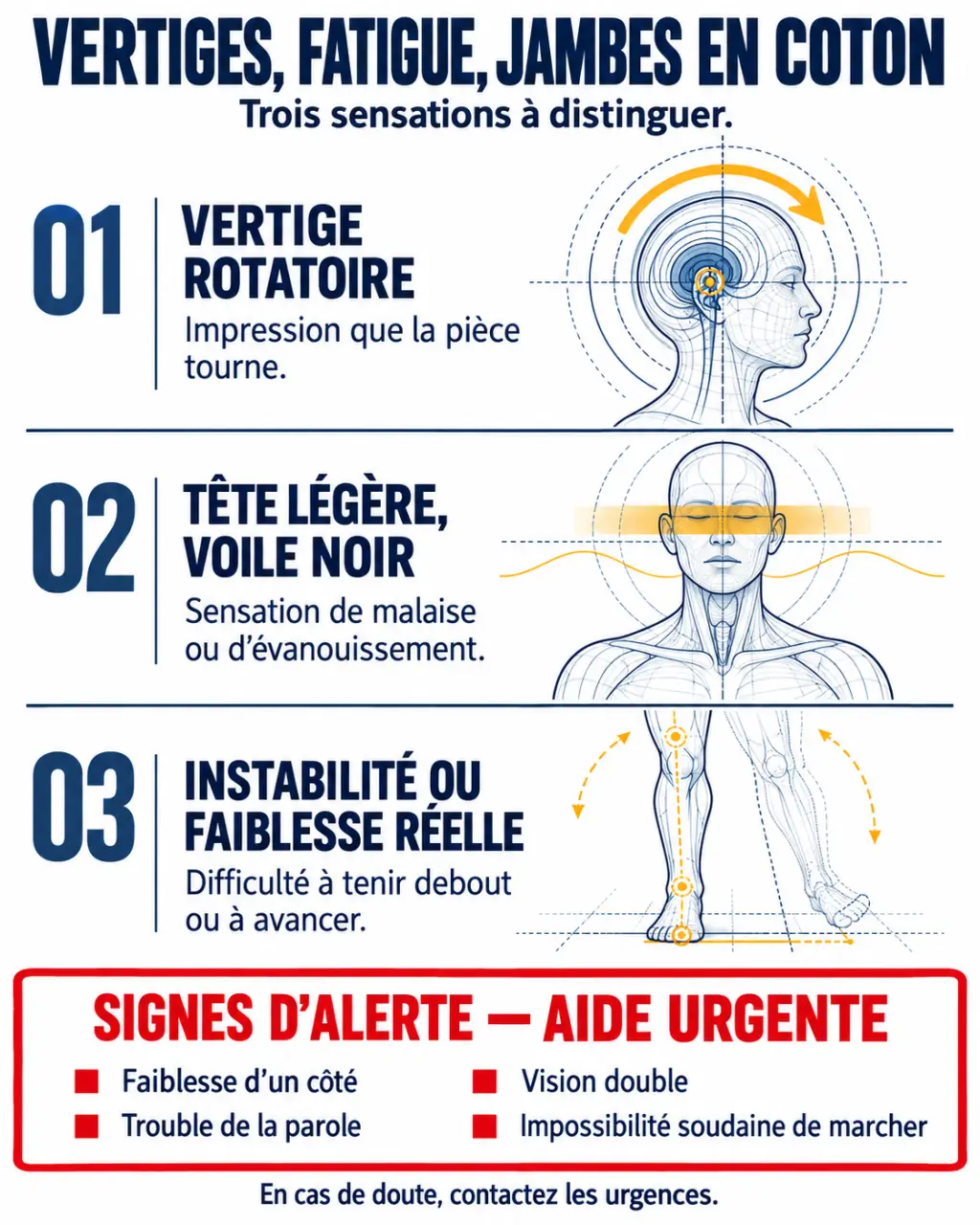 Vertiges fatigue jambes en coton : distinguer vertige, étourdissement, instabilité et signes d’alerte