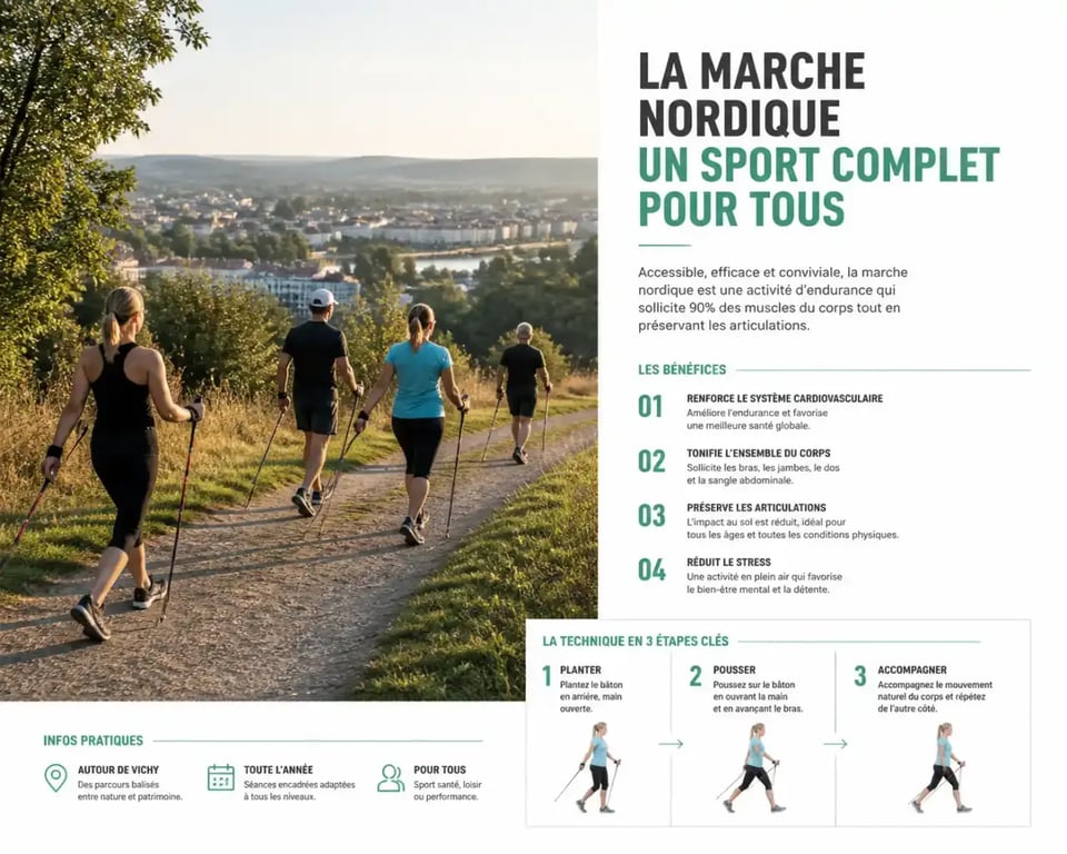 Séance de sport nature santé en marche nordique en pleine nature près de Vichy