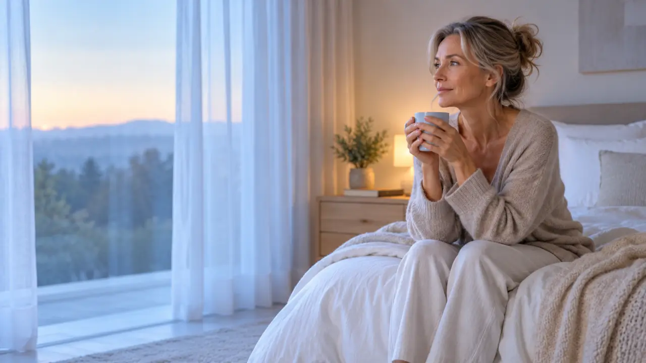 Femme se reposant dans une chambre lumineuse, ambiance naturelle et apaisante