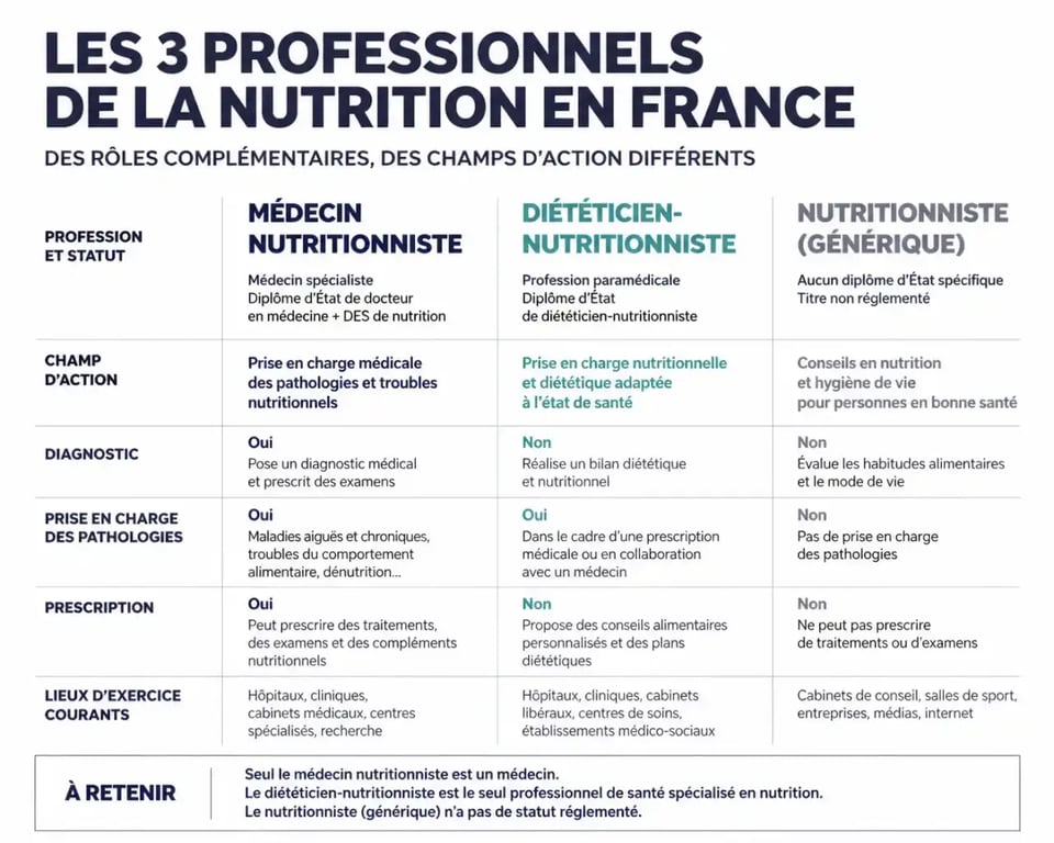 Comparaison nutritionniste, diététicien et médecin nutritionniste selon leur formation