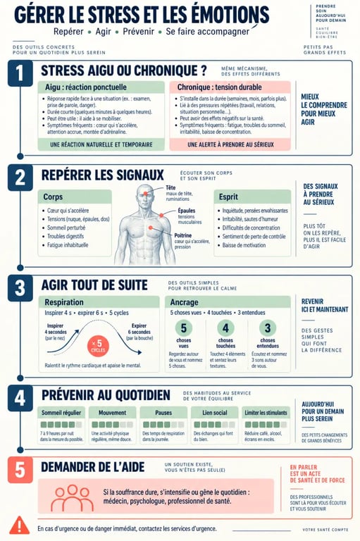 Gestion du stress et des émotions : cycle des symptômes, techniques d’apaisement et accompagnement