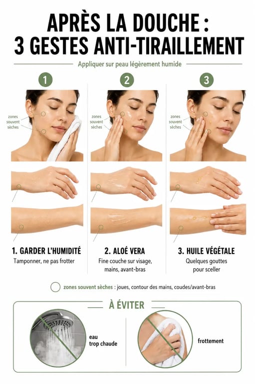 Peau qui tiraille remède naturel : routine simple après la douche avec aloé vera et huile végétale