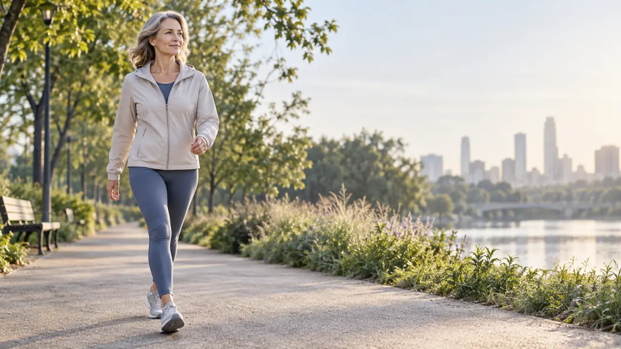 Femme pratiquant une marche active dans un environnement naturel et lumineux