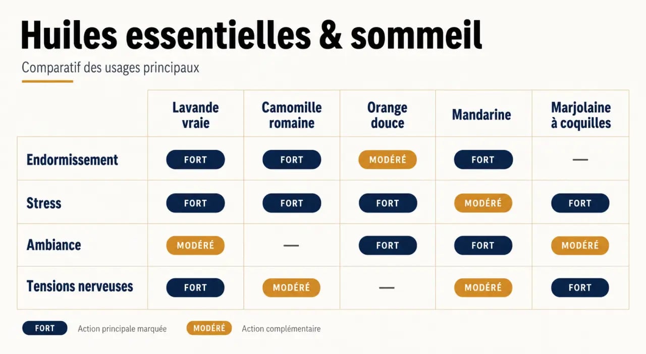 Huile essentielle sommeil : tableau comparatif des huiles selon l’endormissement, le stress et les réveils nocturnes