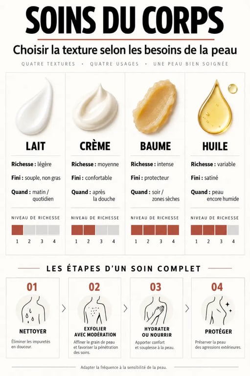 Infographie sur les soins pour le corps selon la texture et le besoin de la peau