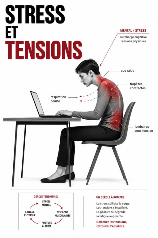 Stress et mal de dos : illustration d’une personne crispée devant un ordinateur avec tensions dans les trapèzes et les lombaires