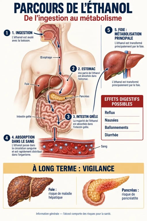 Schéma sur l’alcool et digestion, de l’absorption dans l’intestin aux effets sur le foie et le pancréas