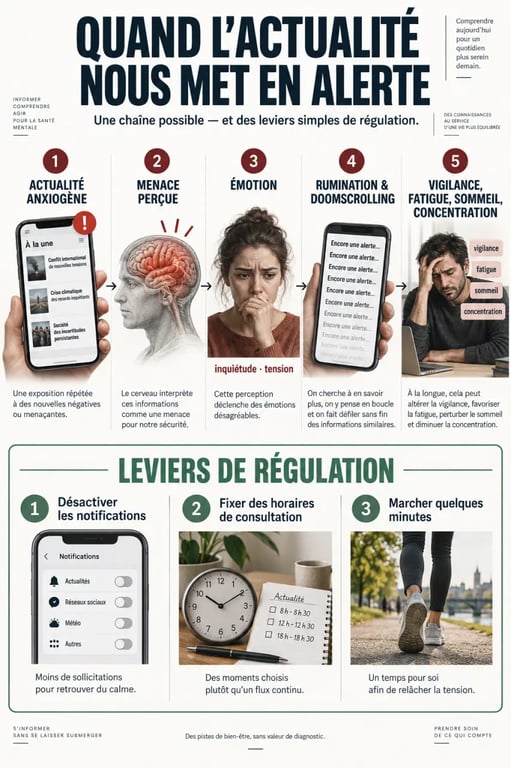 Pourquoi l'actualité anxiogène impacte notre santé mentale : schéma des mécanismes et des leviers de régulation