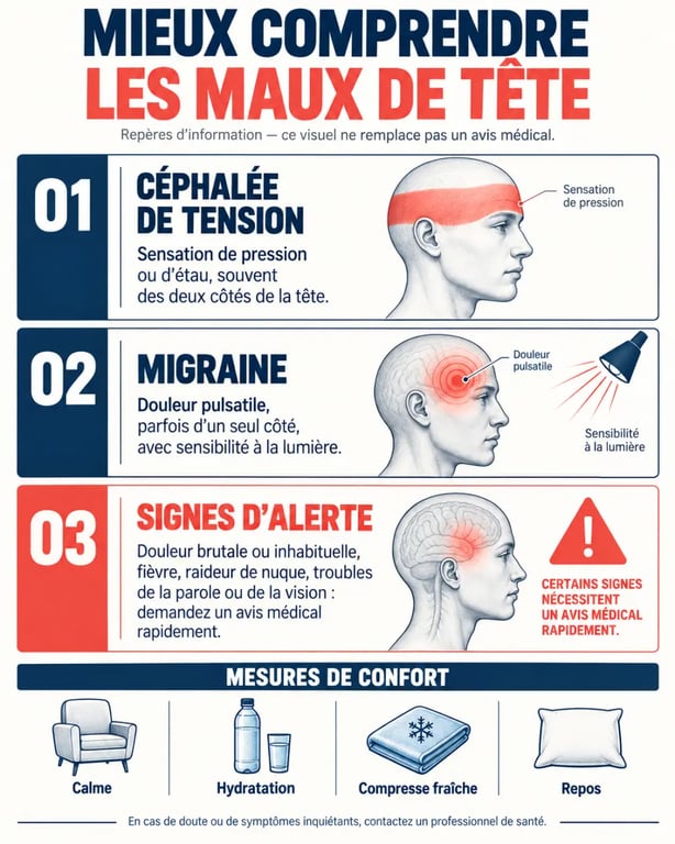 Remède mal de tête grand-mère : distinguer tension, migraine et signes d’alerte