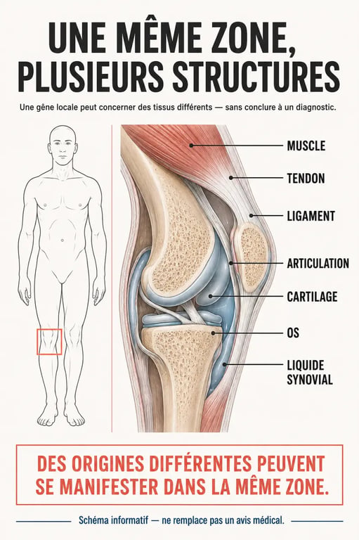 Complément alimentaire douleur musculaire et articulaire : schéma des muscles, tendons, articulations et cartilage