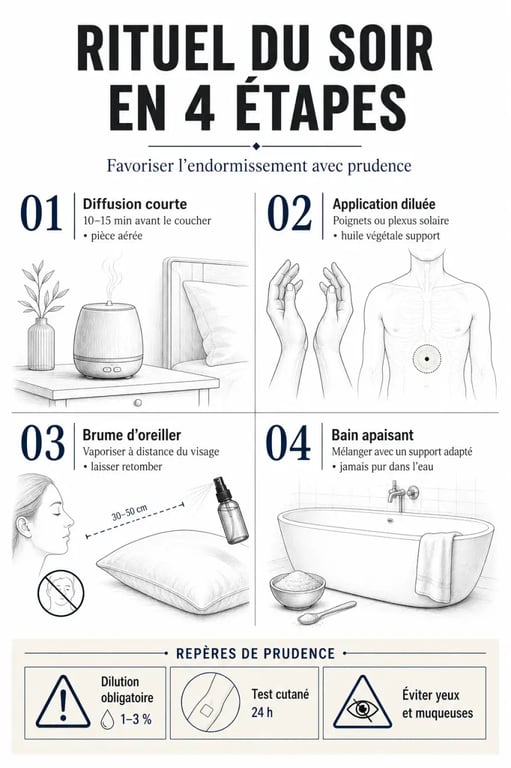 Huile essentielle sommeil : rituel du soir en 4 étapes avec diffusion, roll-on, brume d’oreiller et bain