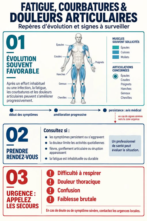 Infographie sur la grosse fatigue courbatures douleurs articulaires et les signes nécessitant une consultation