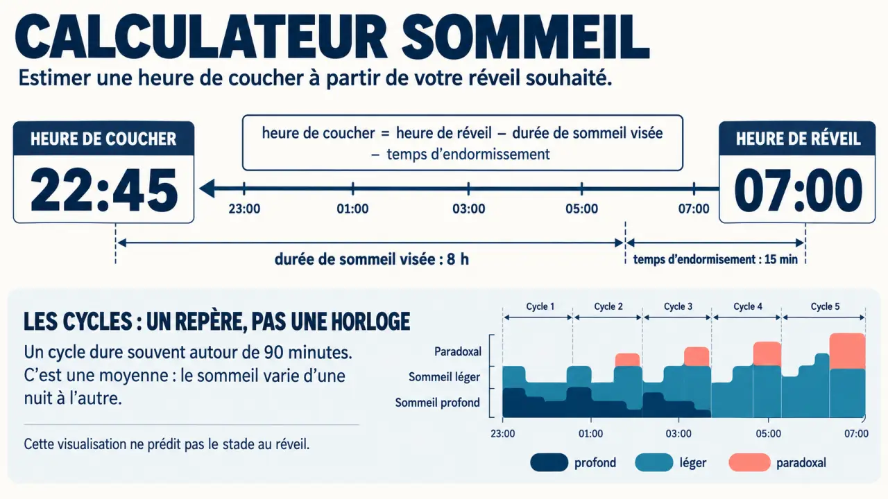 Infographie du calculateur sommeil avec formule de l'heure de coucher et limites des cycles de 90 minutes