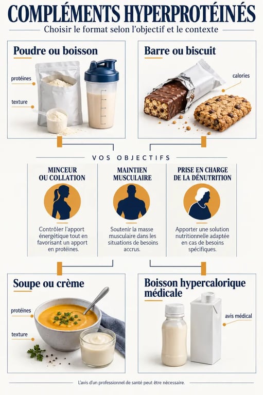 Infographie sur les compléments alimentaires hyperprotéinés et leurs formats selon les besoins