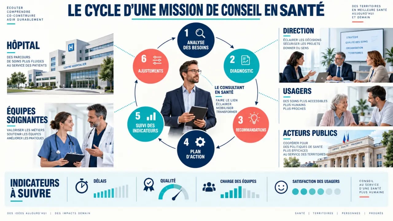 Infographie du métier de consultant en santé et du déroulement d'une mission