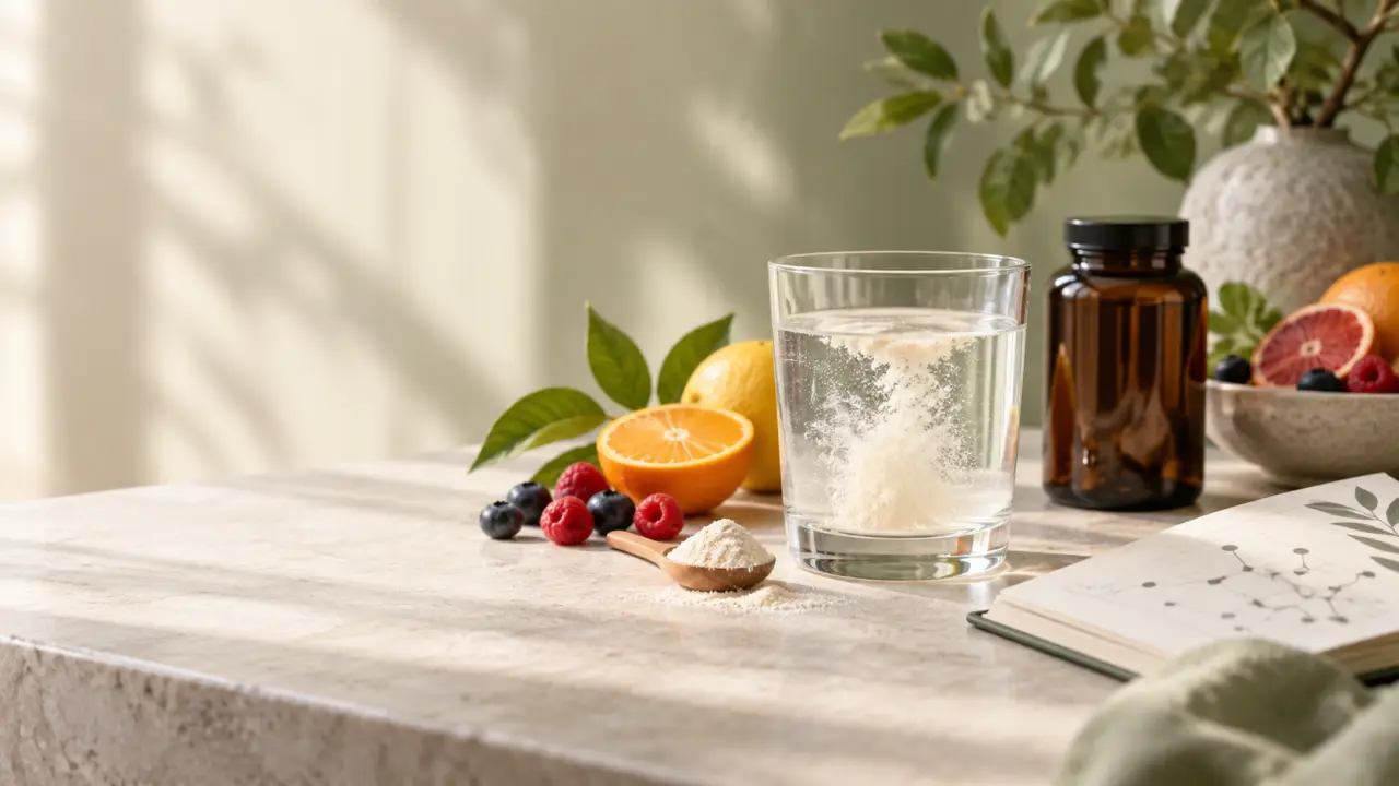 Verre contenant une boisson au collagène dans un environnement naturel et lumineux
