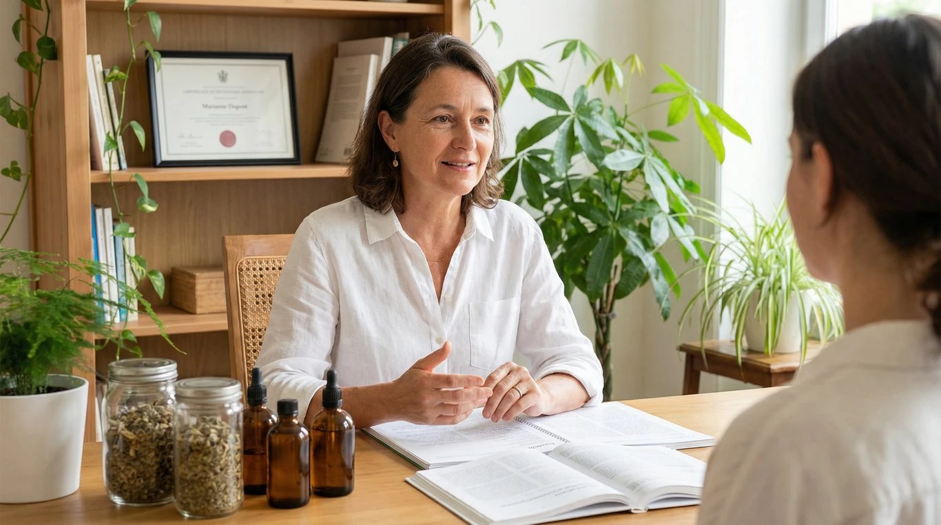 Portrait de Marianne Dupont, naturopathe souriante en blouse blanche