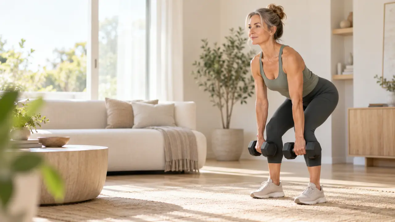 Femme pratiquant des exercices de renforcement fonctionnel dans un espace lumineux