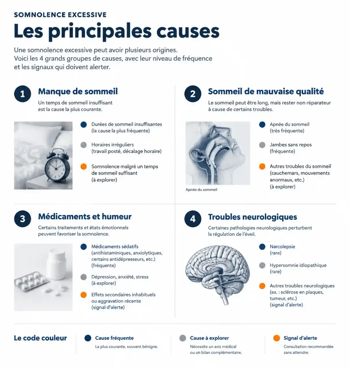 Schéma des causes possibles de « pourquoi je dors beaucoup » et des signaux d'alerte hiérarchisés