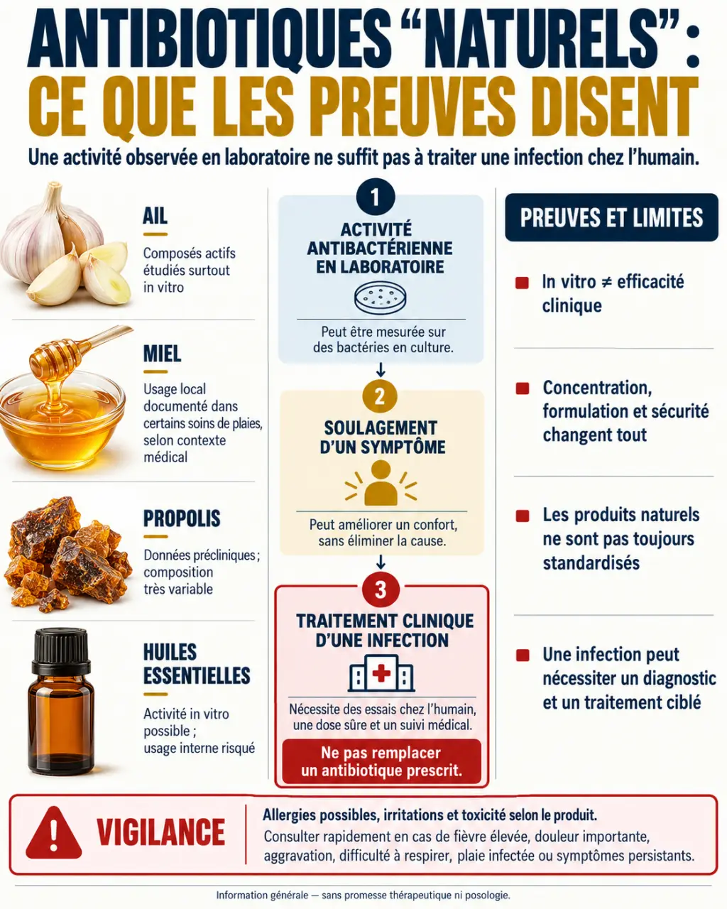 Infographie sur les antibiotiques naturels, leurs usages, preuves et limites